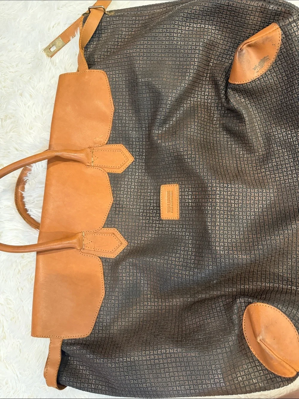 Men's Brown Patterned Duffel with Tan Leather Trim
